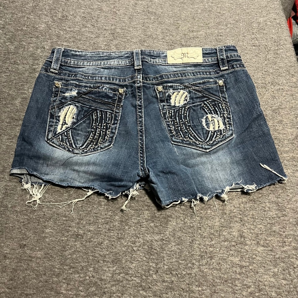 Miss Me Womens Distressed Denim Shorts Dark Wash Embellished Pockets Size 34